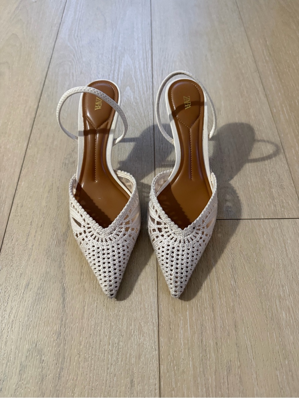 Zara Cream Crochet Pointed Slingback Heels